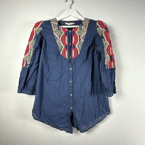 Anthropologie Hei Hei Women's Embroidered Accent 3/4 Sleeve Button Blouse Blue 2 - Picture 1 of 8